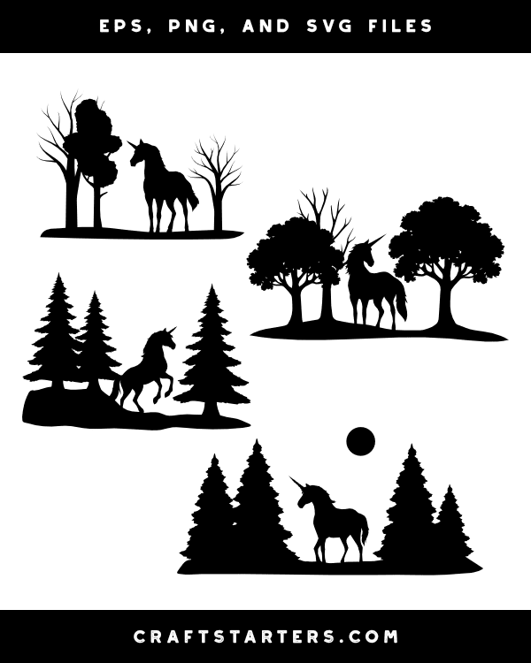 Unicorn and Forest Silhouette Clip Art
