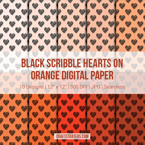 Black Scribble Hearts On Orange Digital Paper