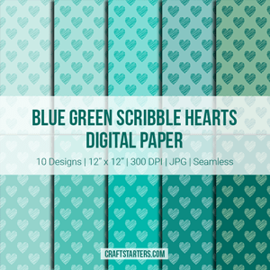 Blue Green Scribble Hearts Digital Paper