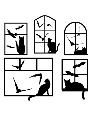 Bats and Cat in Window Silhouette Clip Art