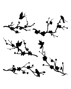 Bird and Cherry Blossom Branch Silhouette Clip Art