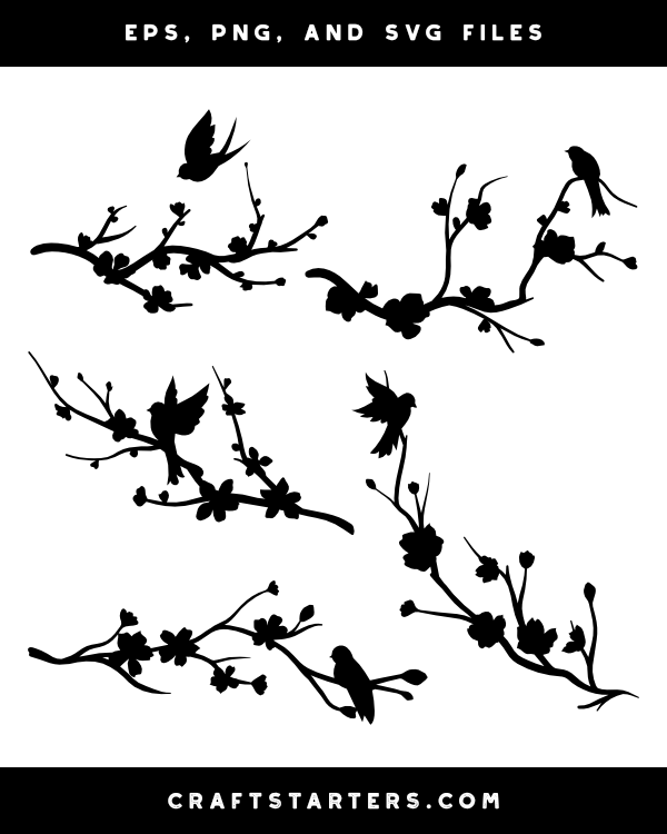 Bird and Cherry Blossom Branch Silhouette Clip Art