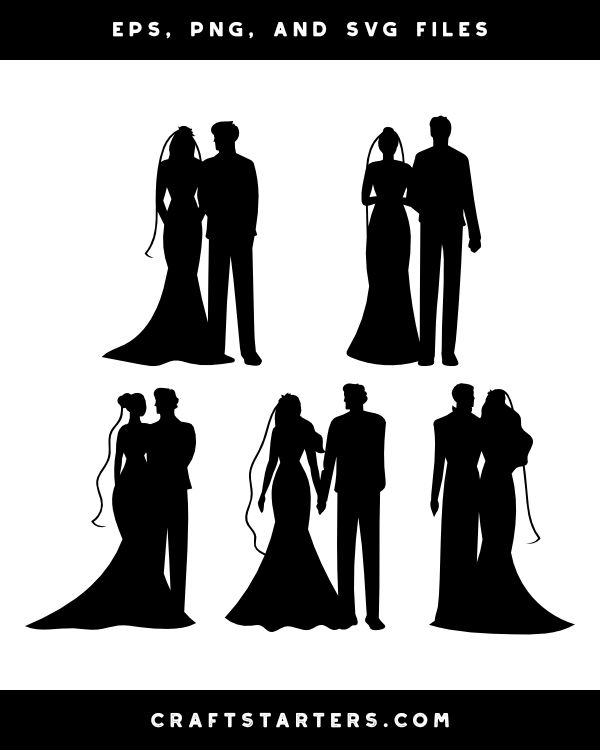 Bride and Groom Front View Silhouette Clip Art