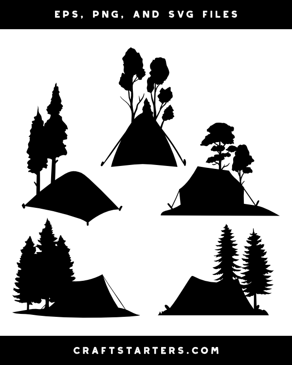Camping Tent and Trees Silhouette Clip Art