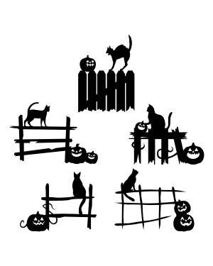 Cat and Jack-o'-lantern on Fence Silhouette Clip Art