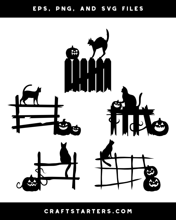 Cat and Jack-o'-lantern on Fence Silhouette Clip Art