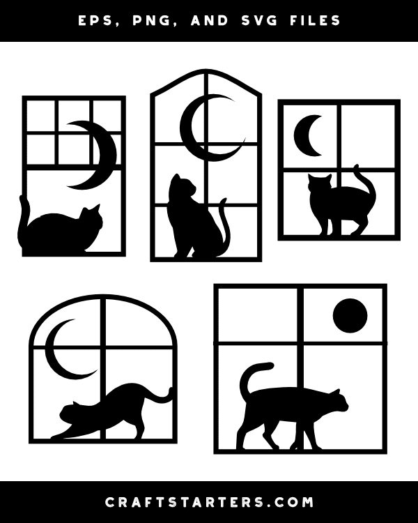 Cat and Moon in Window Silhouette Clip Art