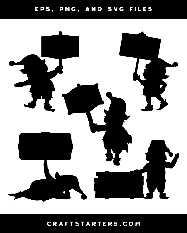 Elf Holding Sign Silhouette Clip Art