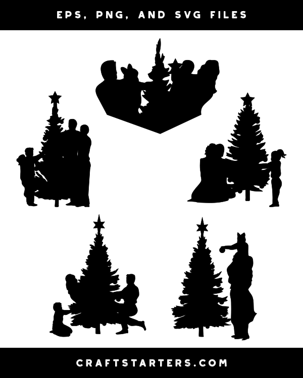 Family Decorating A Christmas Tree Silhouette Clip Art