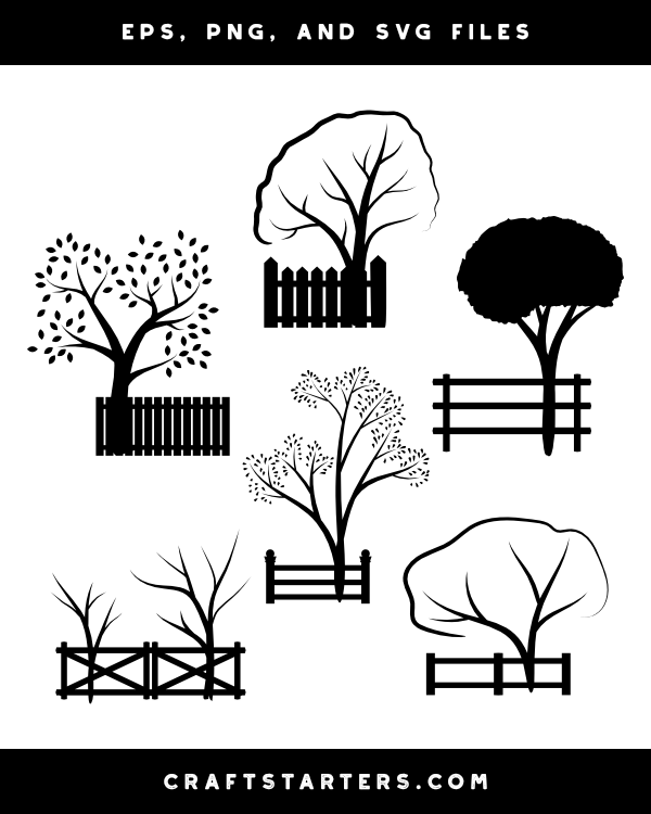 Fence and Tree Silhouette Clip Art