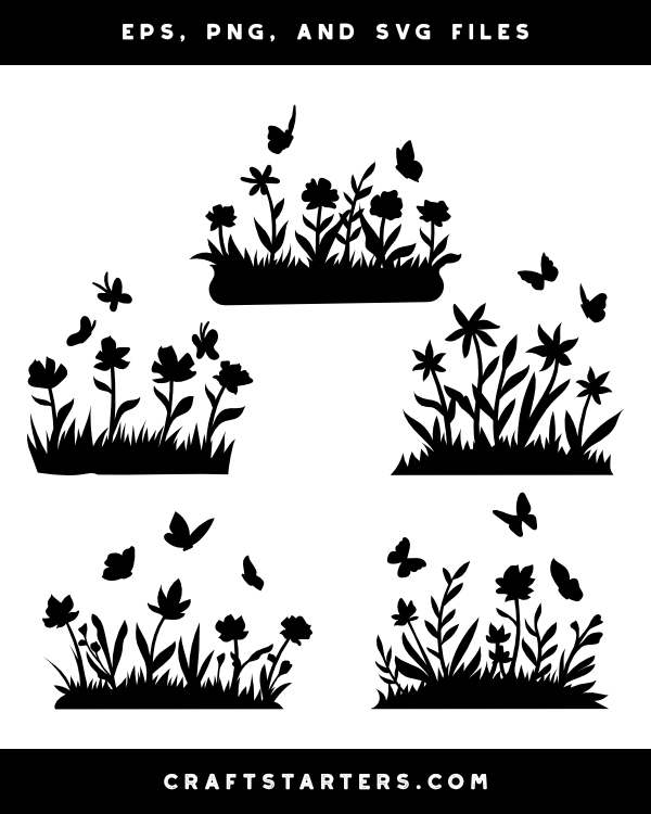 Flower Bed with Butterflies Silhouette Clip Art