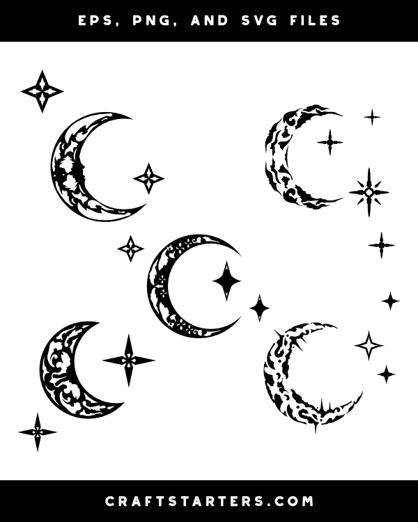 Gothic Moon and Stars Silhouette Clip Art