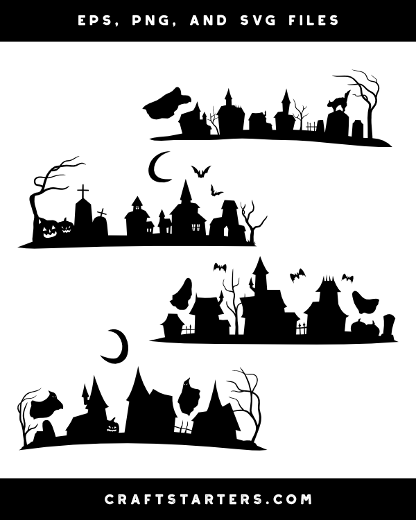 Haunted Village Silhouette Clip Art