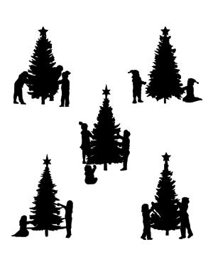 Kids Decorating A Christmas Tree Silhouette Clip Art