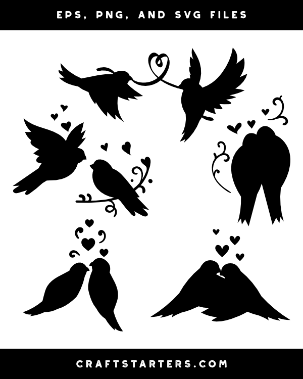Love Birds and Hearts Silhouette Clip Art