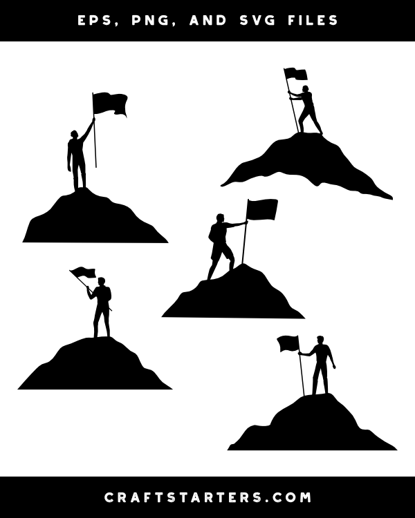 Man and Flag on Mountain Silhouette Clip Art