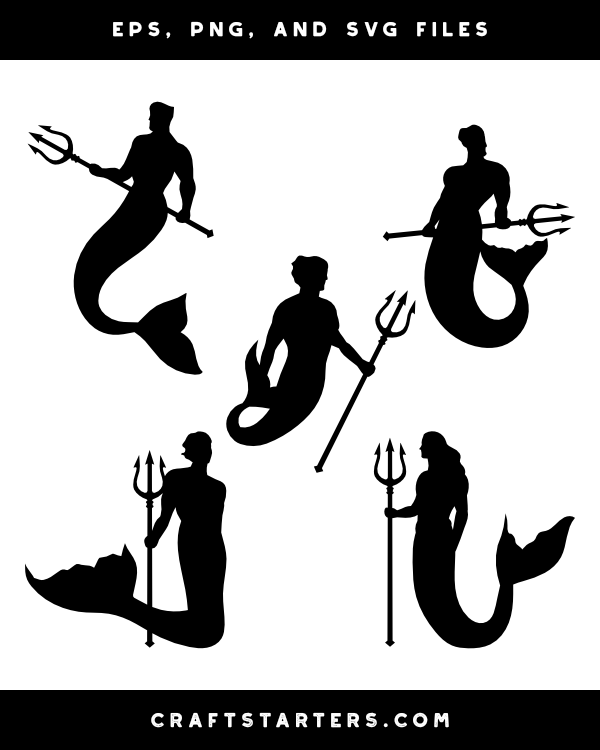Merman with Trident Silhouette Clip Art