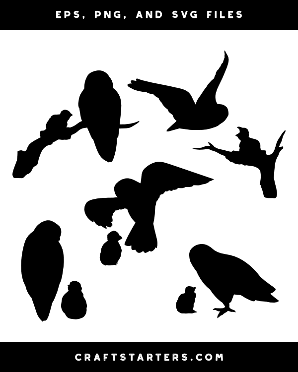 Mother and Baby Snowy Owl Silhouette Clip Art