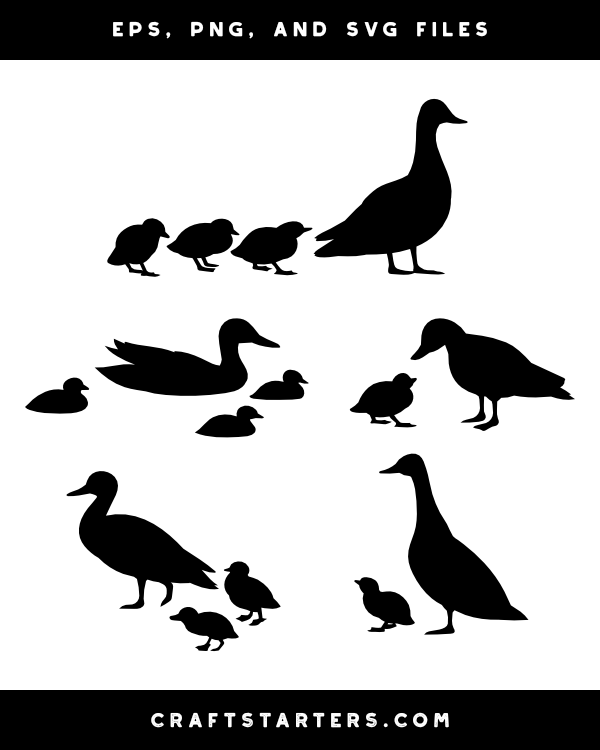 Mother Duck and Ducklings Silhouette Clip Art