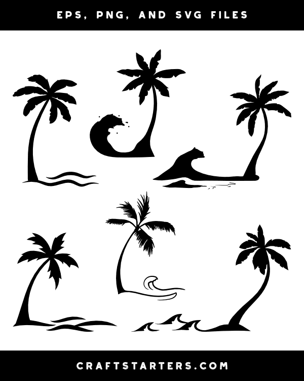 Palm Tree and Ocean Waves Silhouette Clip Art