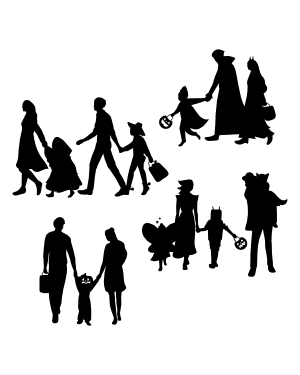 Parents Trick Or Treating with Kids Silhouette Clip Art