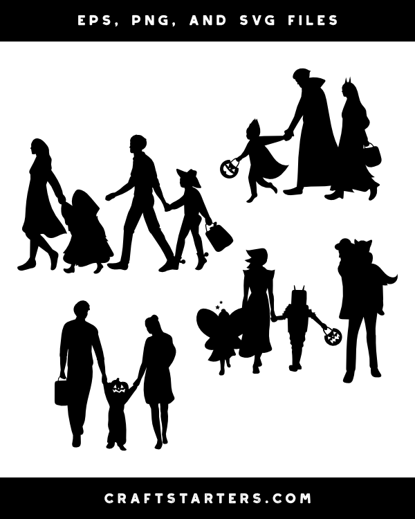 Parents Trick Or Treating with Kids Silhouette Clip Art