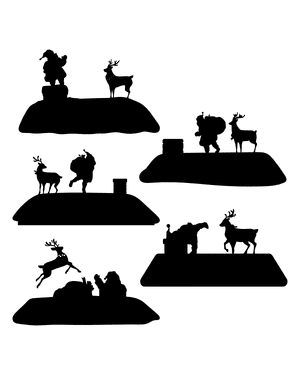 Santa Claus and Reindeer on Roof Silhouette Clip Art