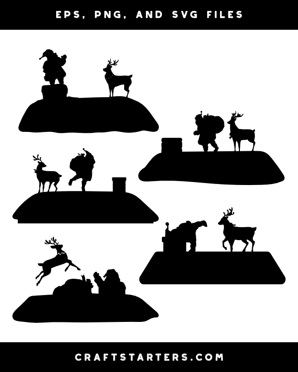 Santa Claus and Reindeer on Roof Silhouette Clip Art