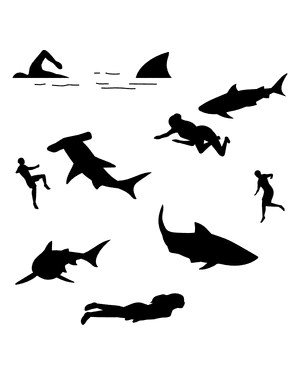 Shark and Swimmer Silhouette Clip Art