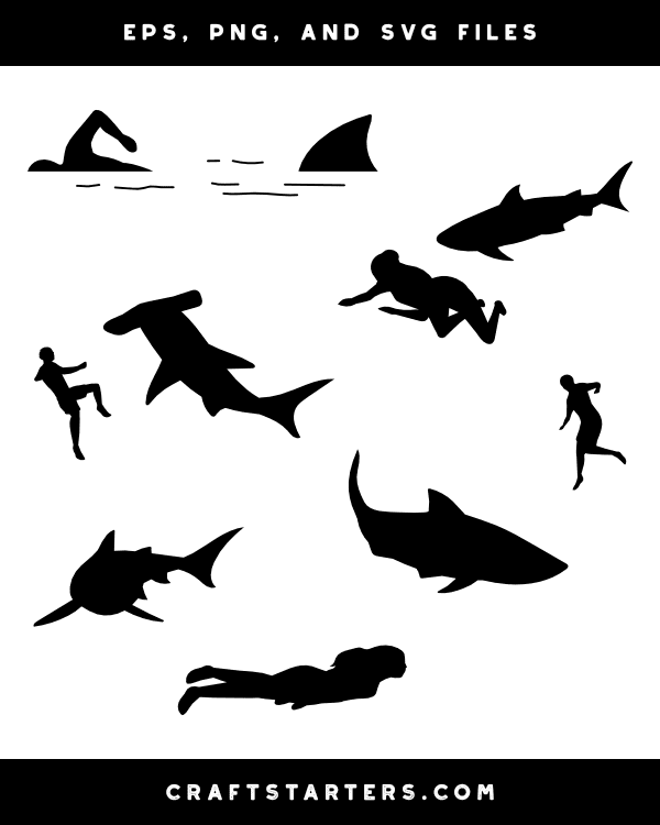 Shark and Swimmer Silhouette Clip Art