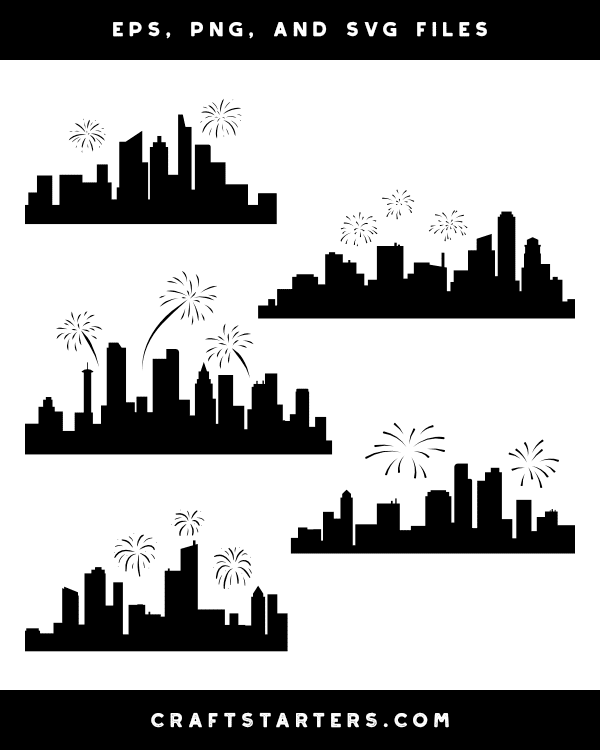Skyline and Fireworks Silhouette Clip Art