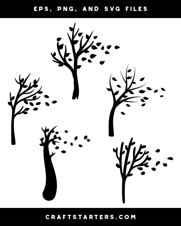 Tree With Blowing Leaves Silhouette Clip Art