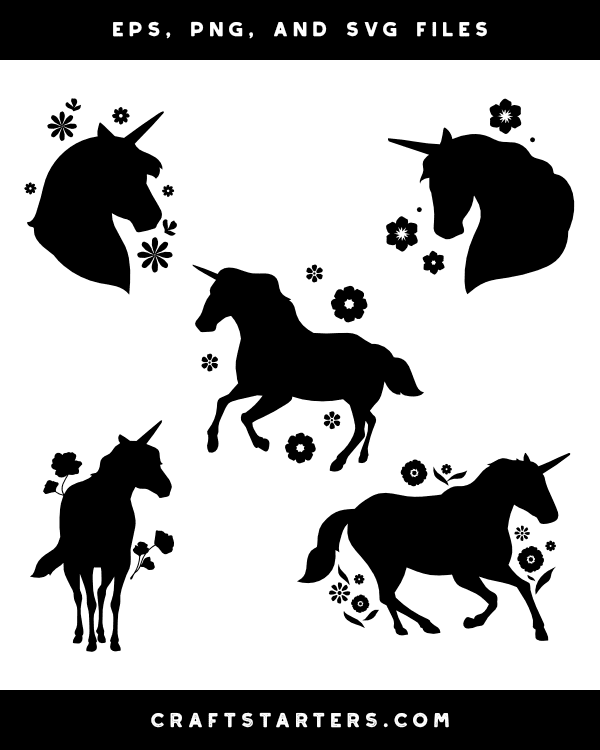 Unicorn and Flowers Silhouette Clip Art