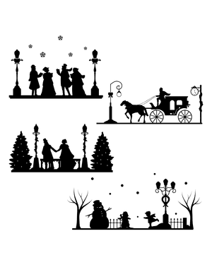 Victorian Christmas Street Scene Silhouette Clip Art