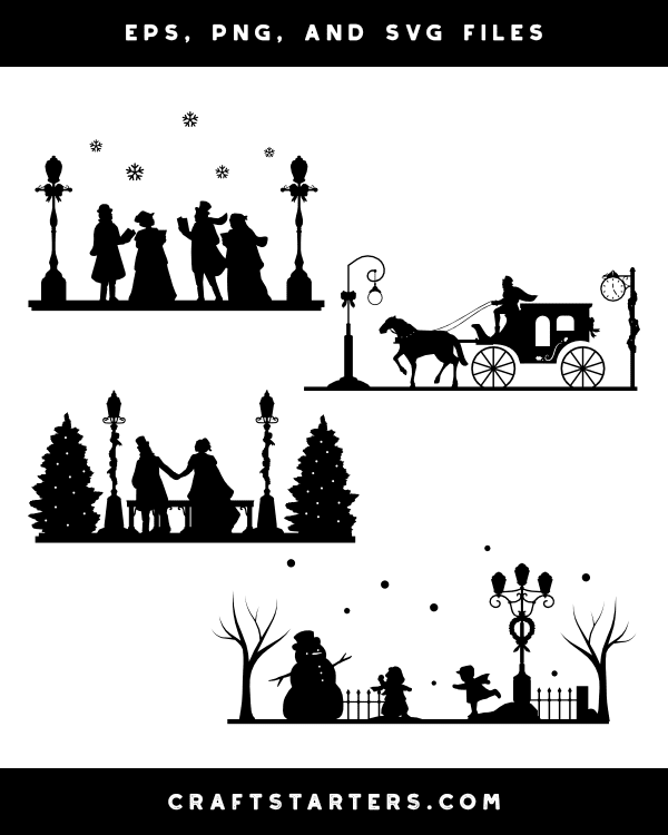 Victorian Christmas Street Scene Silhouette Clip Art