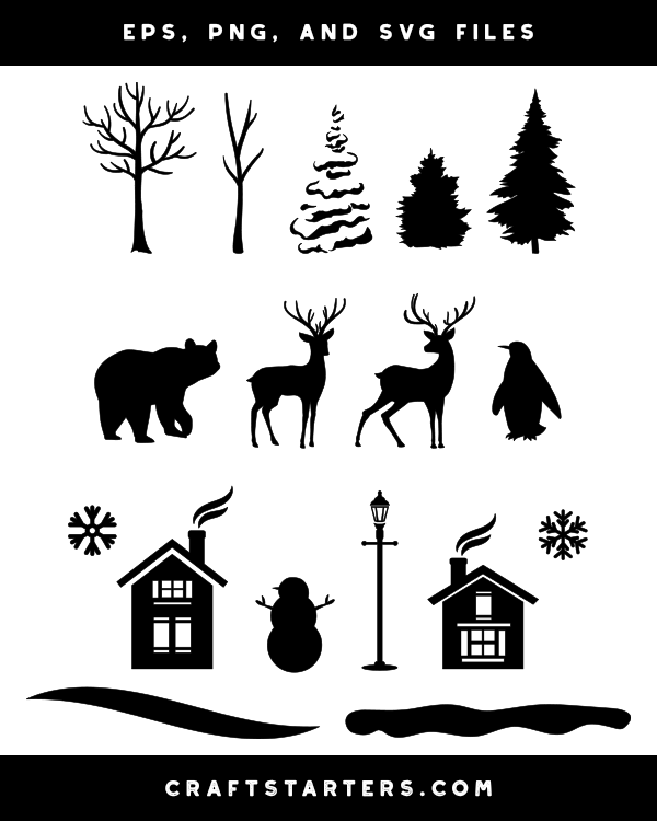 winter scene clip art black and white