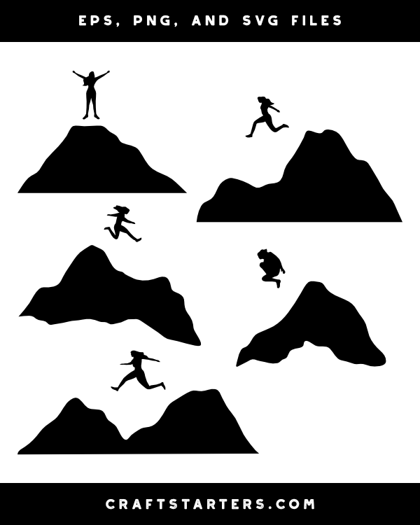 Woman Jumping on Mountain Silhouette Clip Art