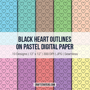 Black Heart Outlines On Pastel Digital Paper