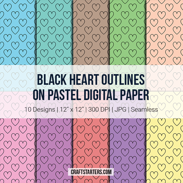 Black Heart Outlines On Pastel Digital Paper
