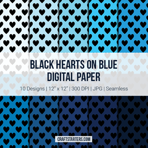 Black Hearts on Blue Digital Paper