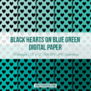 Black Hearts on Blue Green Digital Paper