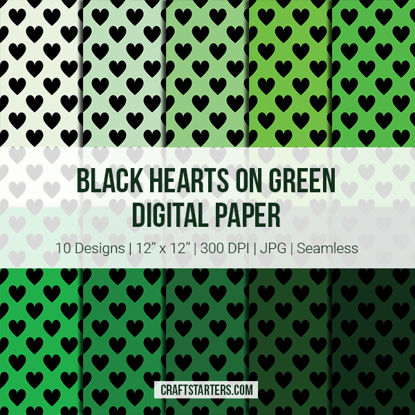 Black Hearts on Green Digital Paper