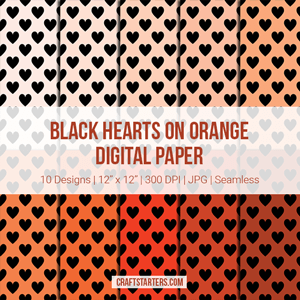 Black Hearts on Orange Digital Paper