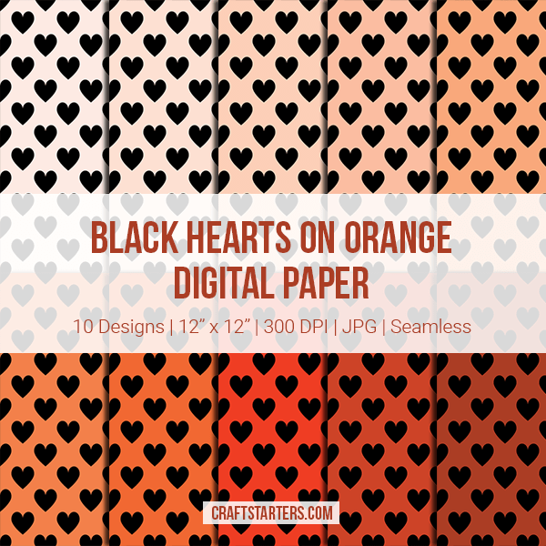 Black Hearts on Orange Digital Paper