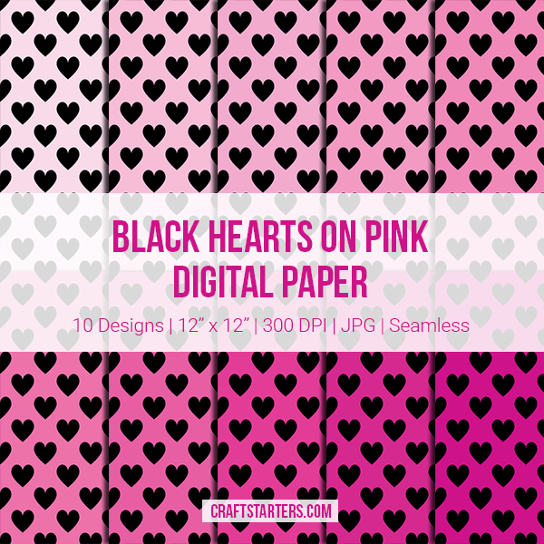 Black Hearts on Pink Digital Paper