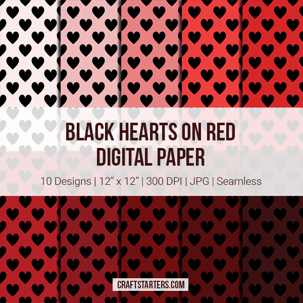 Black Hearts on Red Digital Paper