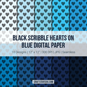 Black Scribble Hearts On Blue Digital Paper