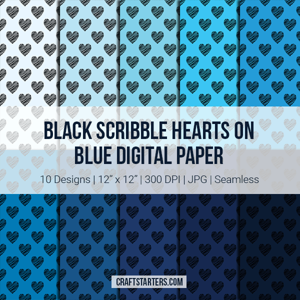 Black Scribble Hearts On Blue Digital Paper