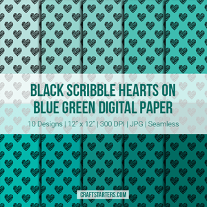 Black Scribble Hearts On Blue Green Digital Paper