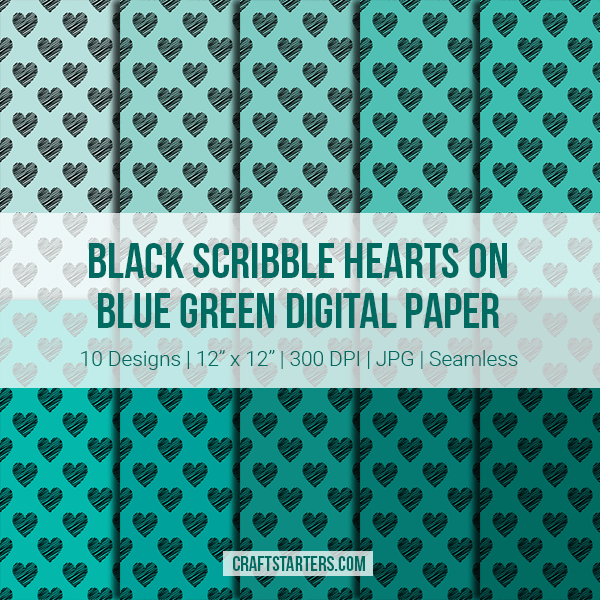 Black Scribble Hearts On Blue Green Digital Paper